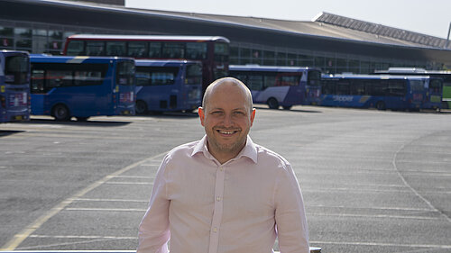 Sam outside Swansea Bus Station